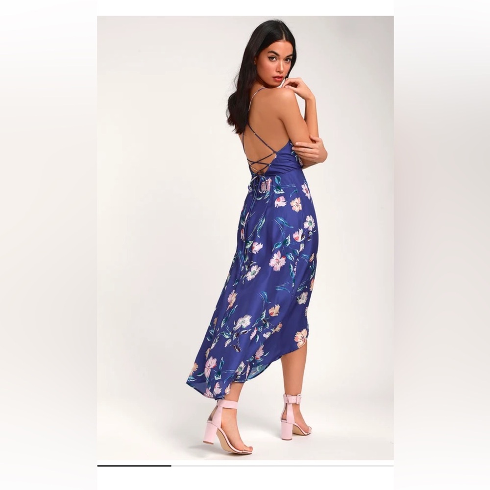 Lulus Wylden Royal Blue Floral Print Lace-Up High-Low Dress